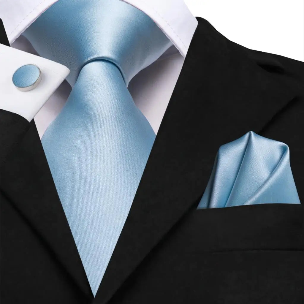 Cravate de mariage en soie unie bleu clair Hi-Tie pour homme, design tendance, boutons de manchette élégants, pour affaires, fête, livraison directe