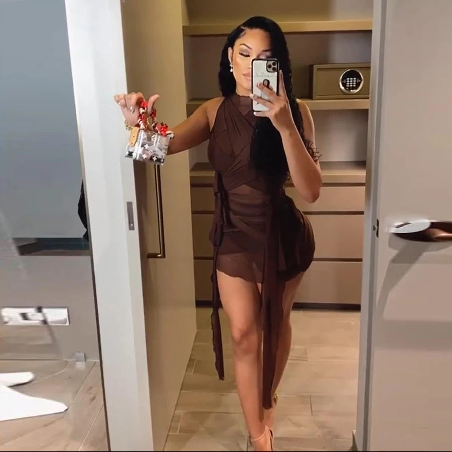 Robe de soirée moulante transparente en maille avec rubans pour femme, mini robe sexy sans manches, couleur unie, tenue basique