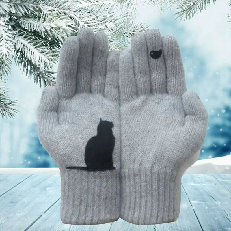 Gants d'hiver pour hommes, femmes et adolescents, mignons, imprimés de chats et d'oiseaux, gants thermiques tricotés, mitaines chaudes et coupe-vent, gants doux