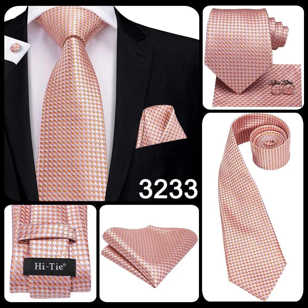 Hi-Tie 100% soie classique pour homme, cravate de mariage corail rose rouge pêche, pochette carrée, boutons de manchette, ensemble de cravates roses pour hommes, cravates cachemire unies