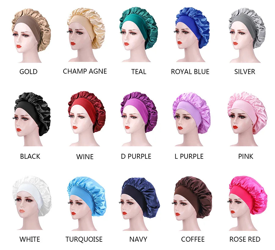 Bonnet de nuit en soie pour femme, noir, rose, violet, avec boucles naturelles bouclées, élastique large et souple, réglable