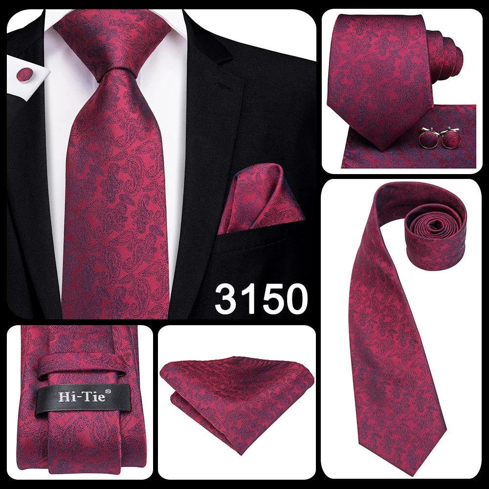 Hi-Tie Coffret cadeau cravate homme vin rouge bordeaux cachemire soie mariage cravate pour homme design tendance qualité mouchoir boutons de manchette livraison directe
