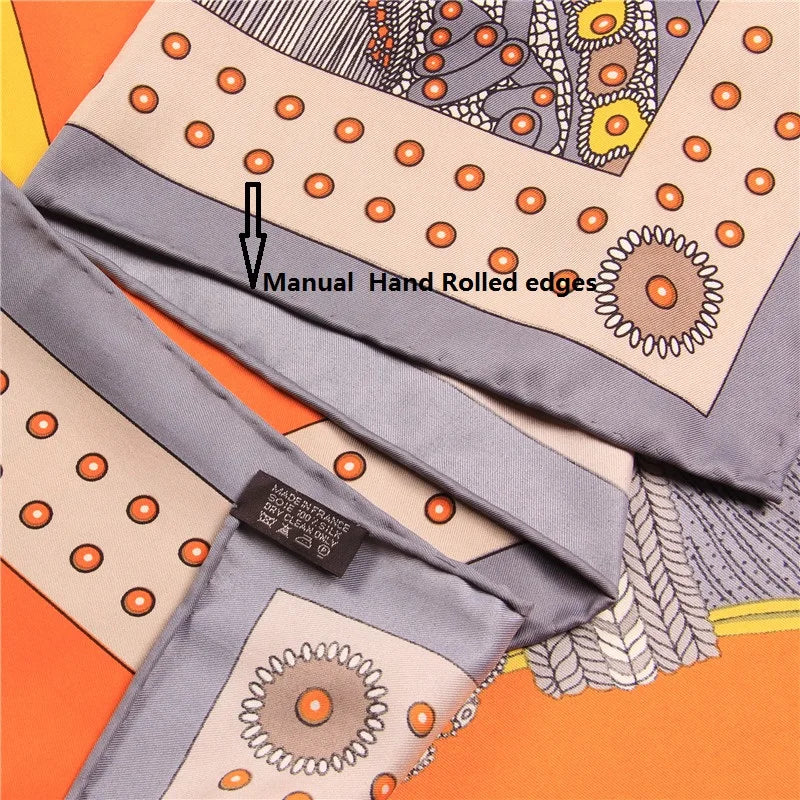 Écharpe en soie sergée roulée à la main pour femme, foulard carré imprimé selle, bandana, hijab, 90 cm