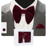 GUSLESON Velvet Big Bow Tie Men's Bowties Pocket Square Cufflinks Set with Gift Box Solid Red Yellow Necktie For Man Wedding