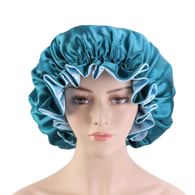 Bonnet de nuit en satin double couleur, bonnet de nuit en dentelle extra large, bonnet rond pour soins capillaires, bonnets de douche
