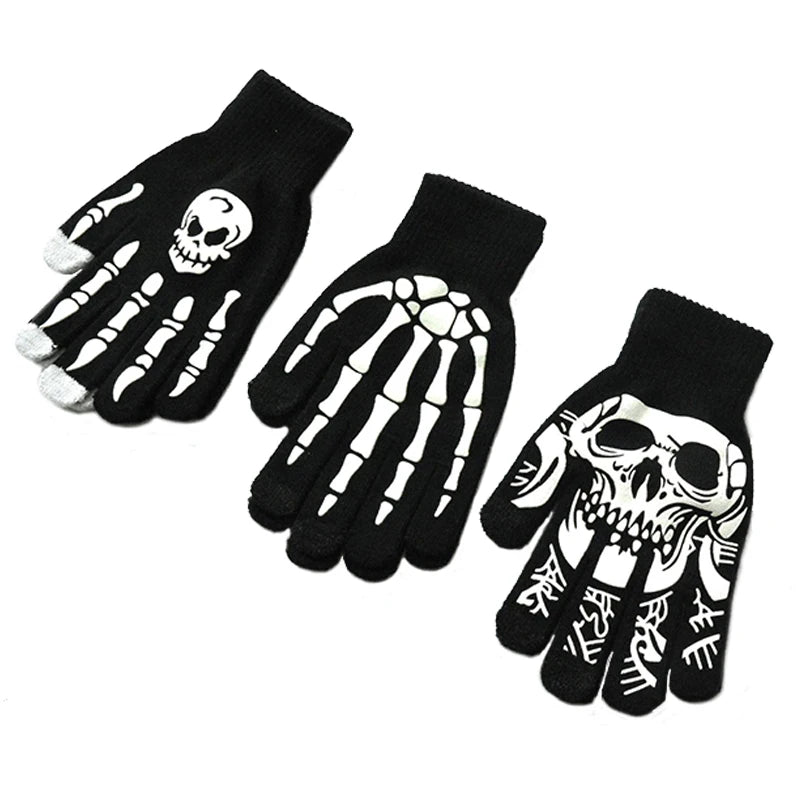 Gants unisexes demi-doigts motif tête de mort pour Halloween, pour l'hiver, mitaines lumineuses, tricotées, pour le cyclisme et le patinage à pied