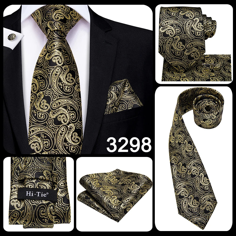 Cravate élégante pour homme, motif cachemire, rayures noires et dorées, en soie, pour mariage, mouchoir, boutons de manchette, pour entreprise, fête, livraison directe