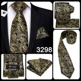 Cravate élégante pour homme, motif cachemire, rayures noires et dorées, en soie, pour mariage, mouchoir, boutons de manchette, pour entreprise, fête, livraison directe