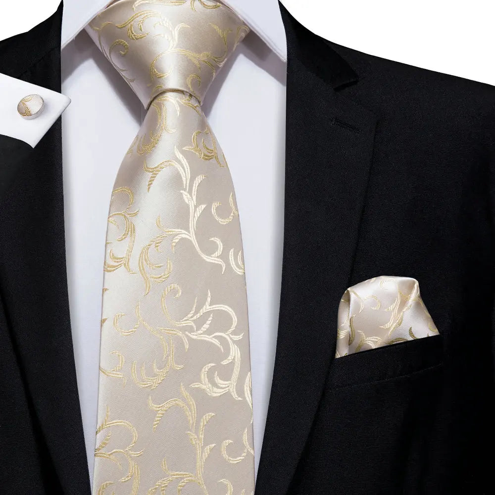 Hi-Tie Cravate de mariage en soie à motif floral, couleur champagne ivoire massif, pour homme, de qualité, avec boutons de manchette, tendance, pour entreprise, livraison directe