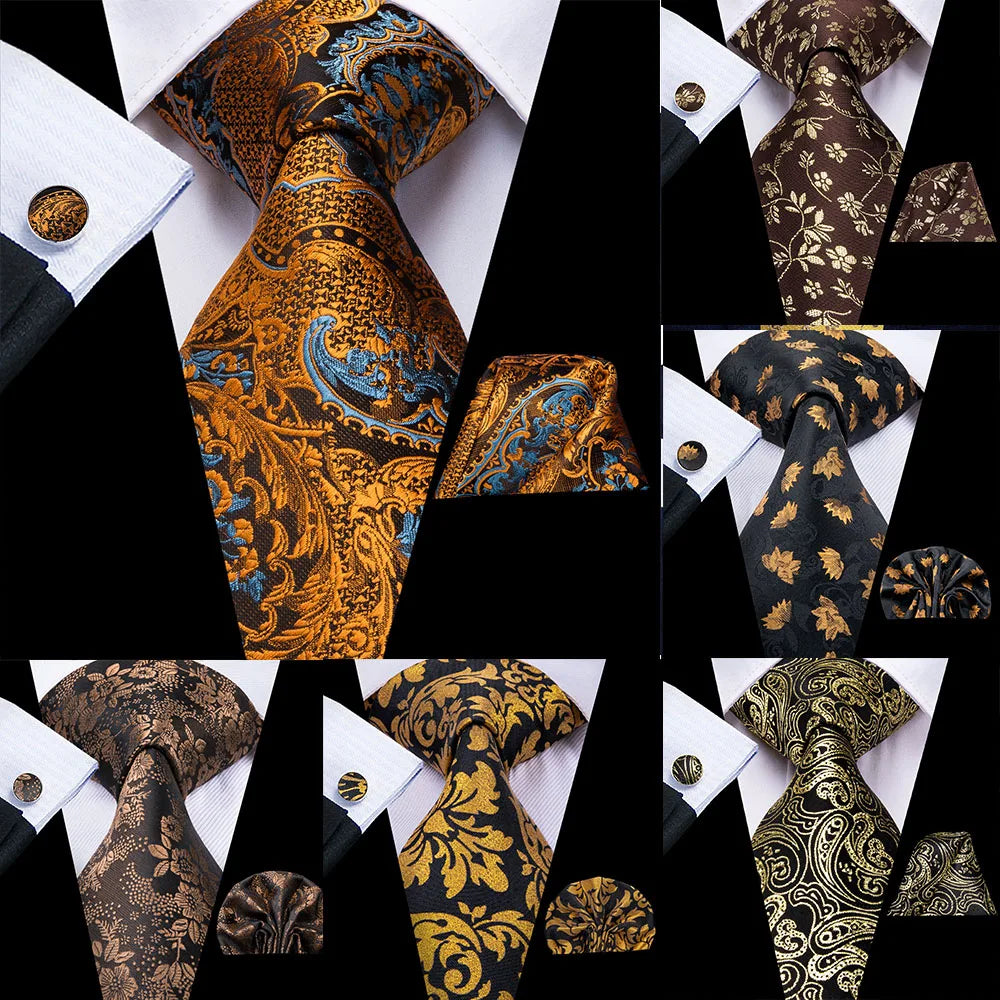 Cravate élégante pour homme, motif cachemire, rayures noires et dorées, en soie, pour mariage, mouchoir, boutons de manchette, pour entreprise, fête, livraison directe