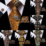Cravate élégante pour homme, motif cachemire, rayures noires et dorées, en soie, pour mariage, mouchoir, boutons de manchette, pour entreprise, fête, livraison directe