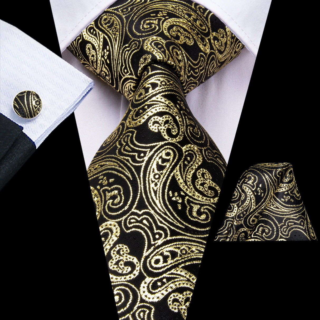 Cravate élégante pour homme, motif cachemire, rayures noires et dorées, en soie, pour mariage, mouchoir, boutons de manchette, pour entreprise, fête, livraison directe