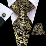 Cravate élégante pour homme, motif cachemire, rayures noires et dorées, en soie, pour mariage, mouchoir, boutons de manchette, pour entreprise, fête, livraison directe