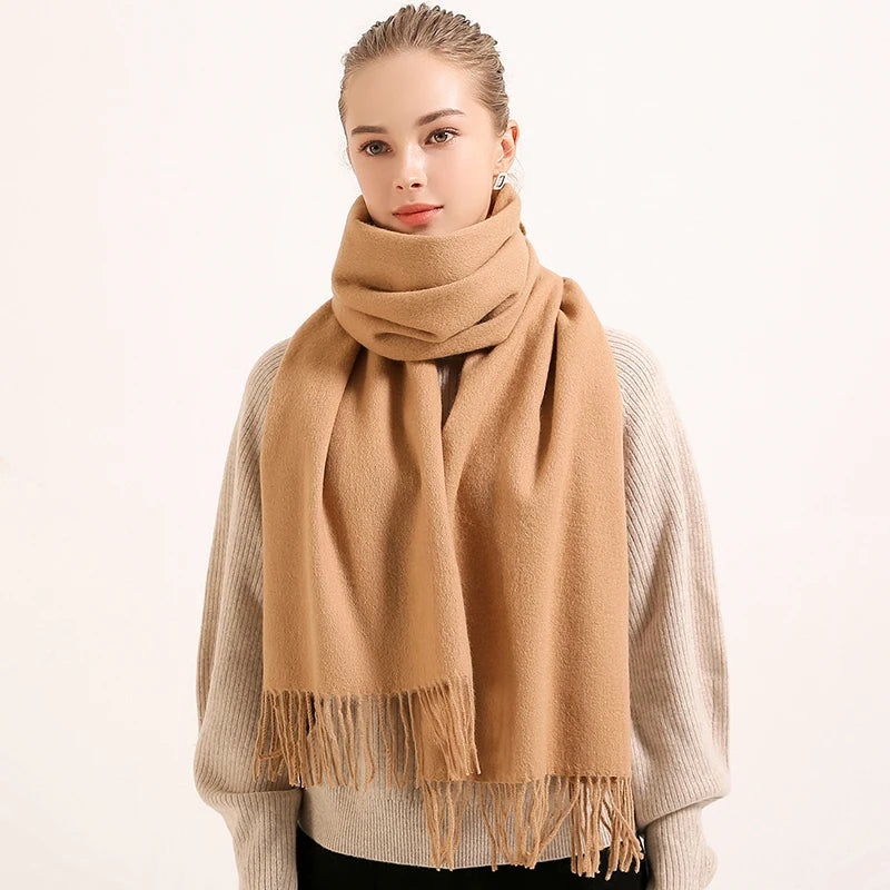 Winter 100% Pure Wool Scarf Women Solid Red Echarpe Wraps for Ladies Foulard Femme with Tassel Warm Merino Wool Scarves Cashmere