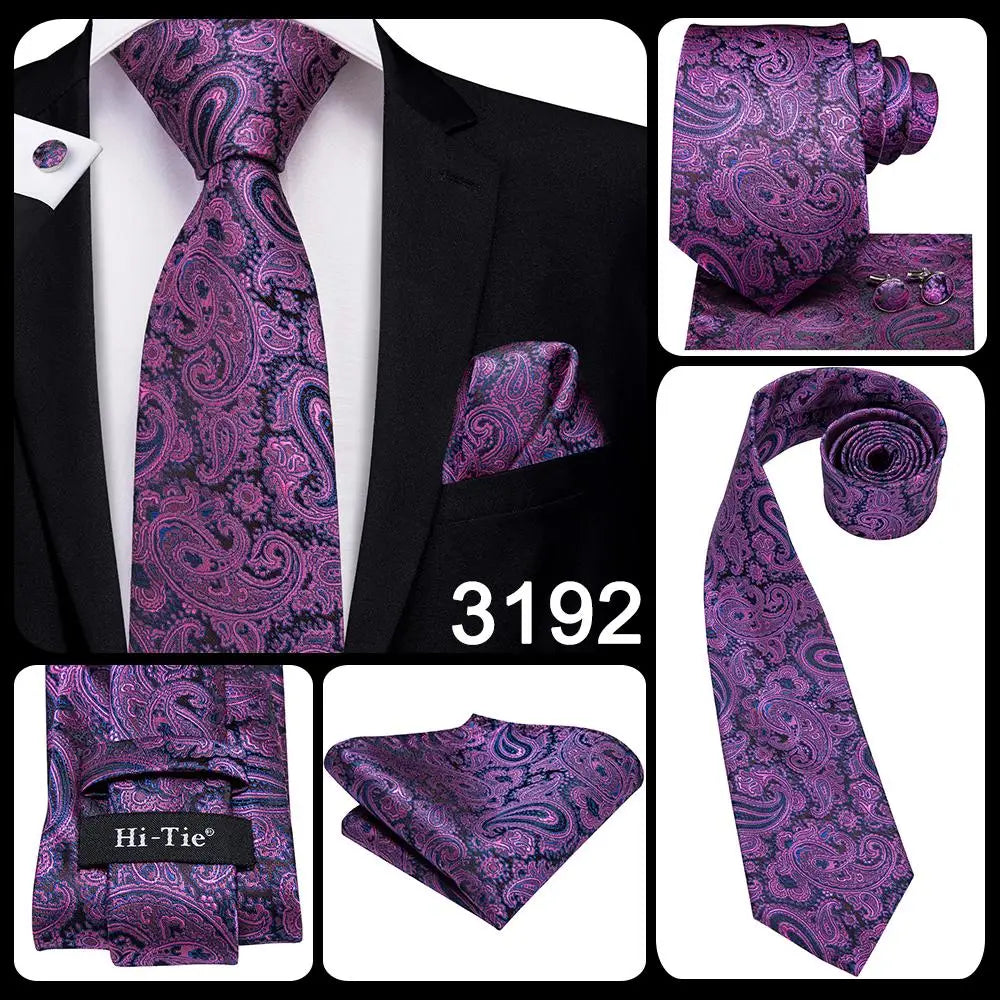Hi-Tie – Cravate de mariage en soie violette unie à motif cachemire pour homme, ensemble de qualité avec boutons de manchette et mouchoir, cadeau tendance, livraison directe