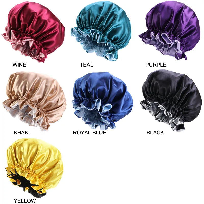 Bonnet de nuit en satin double couleur, bonnet de nuit en dentelle extra large, bonnet rond pour soins capillaires, bonnets de douche