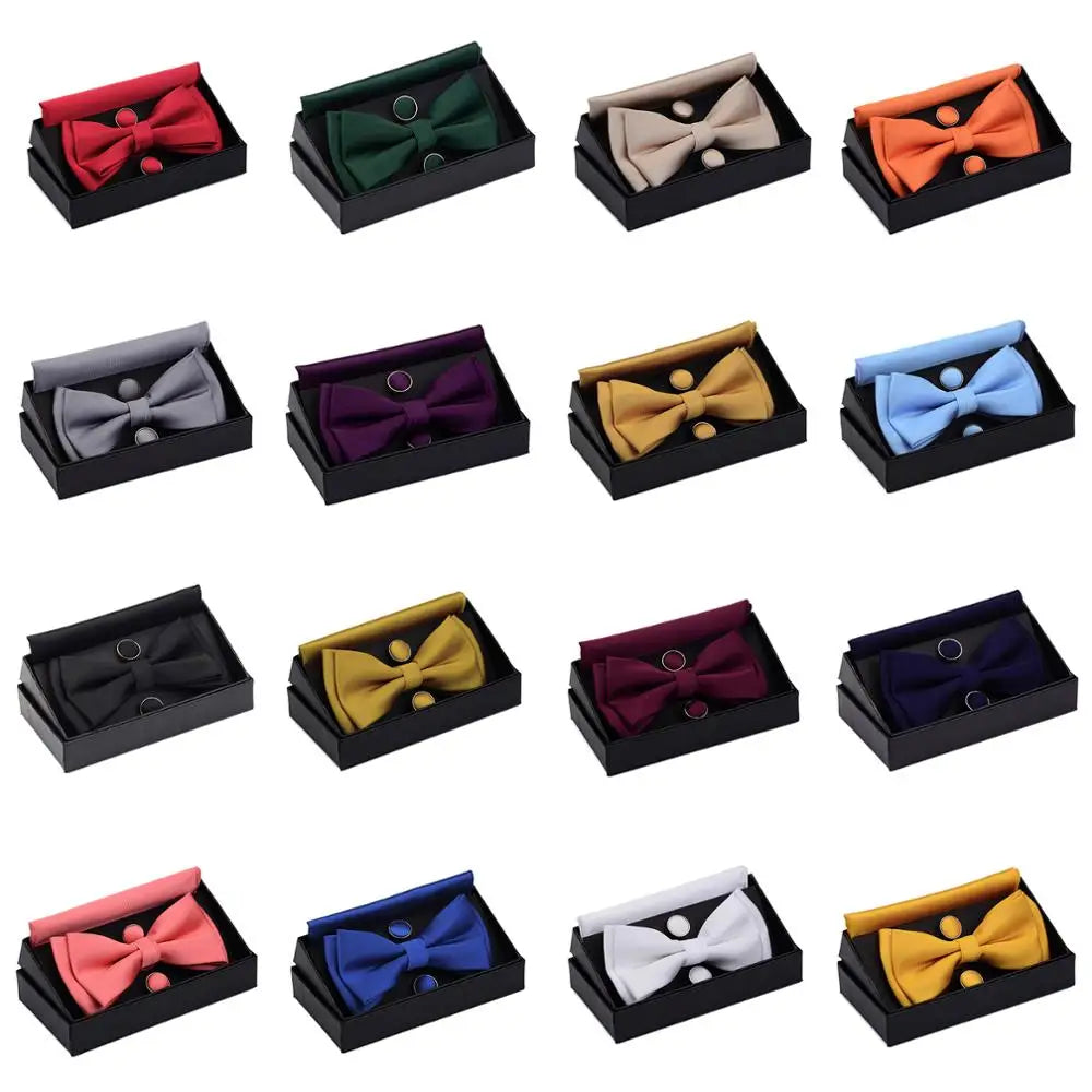 Ensemble de nœuds papillon solides de différentes tailles, haut et bas, nœud papillon uni pour homme, mouchoir, boutons de manchette, coffret cadeau pour hommes, cravates de mode de mariage