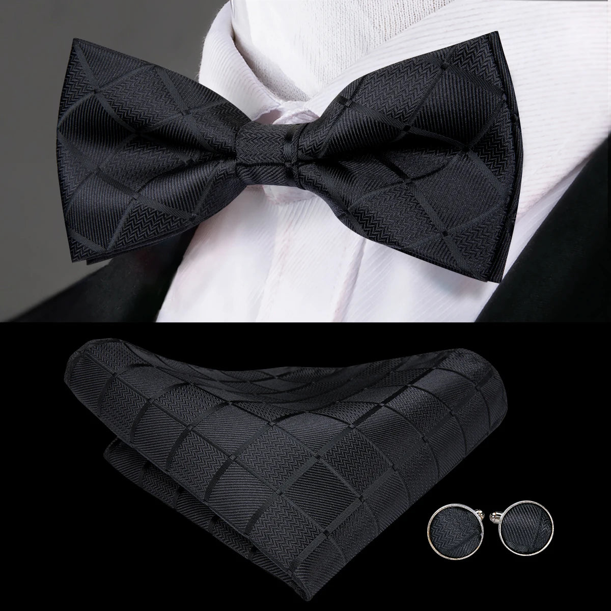 Hi-Tie Nœuds papillon verts de Noël pour hommes Cravate papillon en soie Ensemble de boutons de manchette et mouchoirs pour fête de mariage Nœud papillon uni à carreaux cachemire