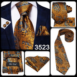 Cravate élégante pour homme, motif cachemire, rayures noires et dorées, en soie, pour mariage, mouchoir, boutons de manchette, pour entreprise, fête, livraison directe