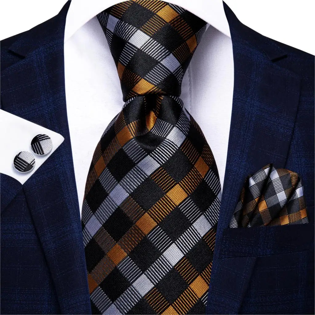 Cravate élégante pour homme, motif cachemire, rayures noires et dorées, en soie, pour mariage, mouchoir, boutons de manchette, pour entreprise, fête, livraison directe
