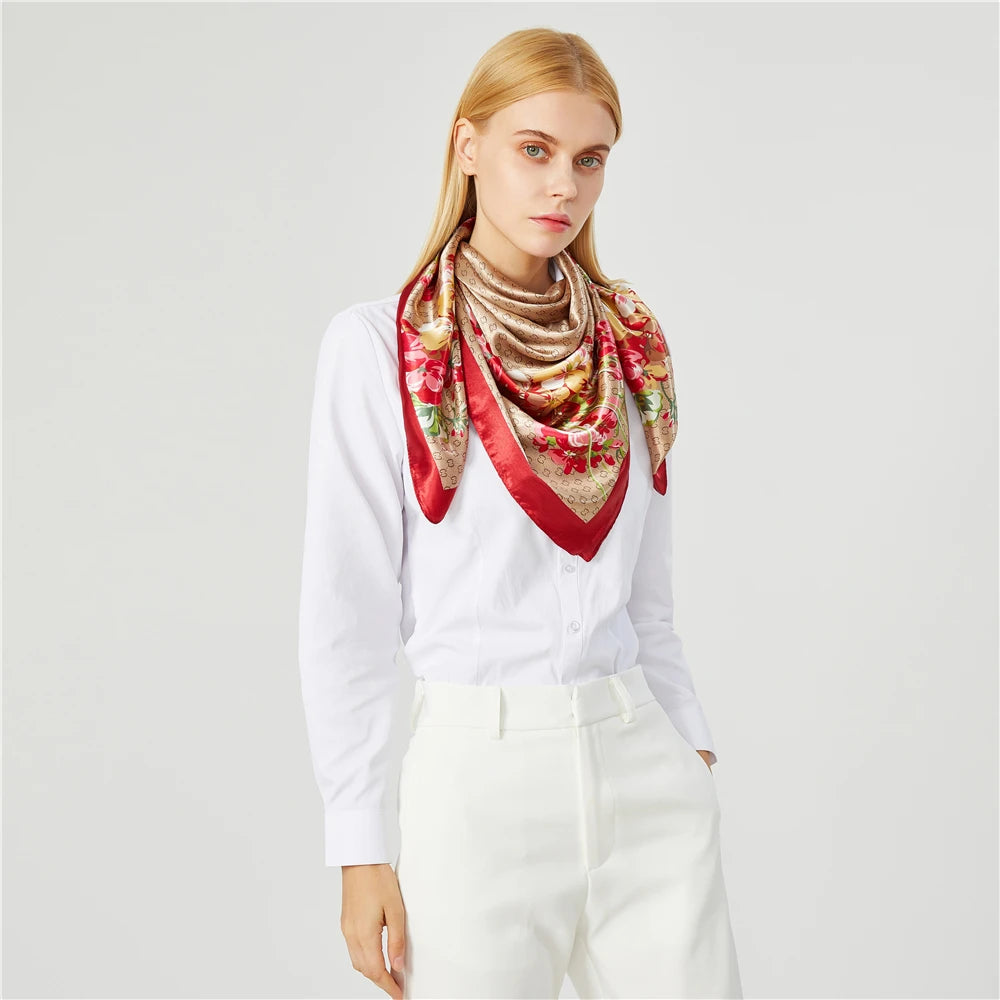 Foulard en soie de luxe pour femme, foulard d'été carré en satin, hijab de marque, 90 x 90 cm, foulard en soie musulman