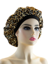 Leopard Print Satin Bonnet Cap Wide Rubber Band Nightcap Hair Care Hat