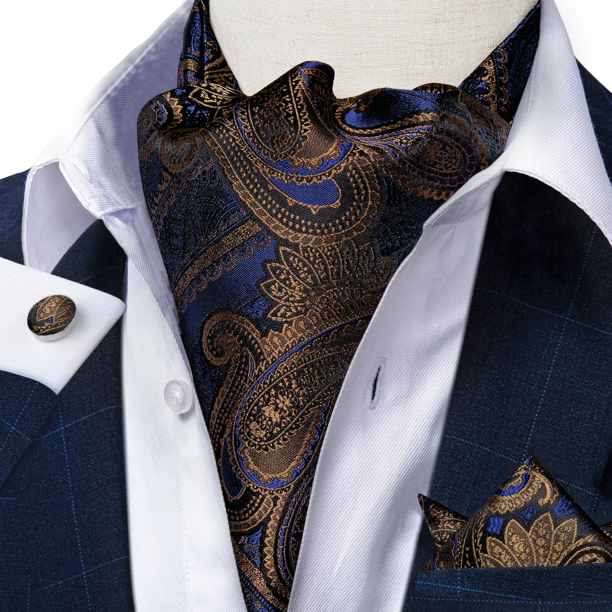 Men Premium Silk Ascot Tie Set Paisley Floral Blue Red Vintage Wedding Formal Cravat Tie Ascot Scarves Pocket Square Set DiBanGu