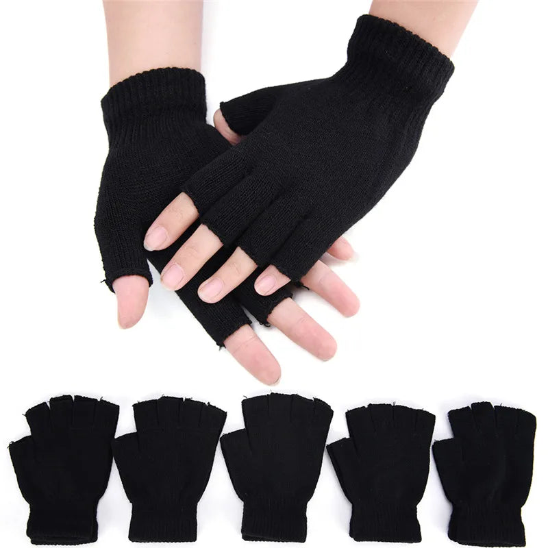 1 par de guantes de entrenamiento cálidos de invierno, de lana tejida, de algodón y con puños, negros, de medio dedo y sin dedos, para mujeres y hombres.