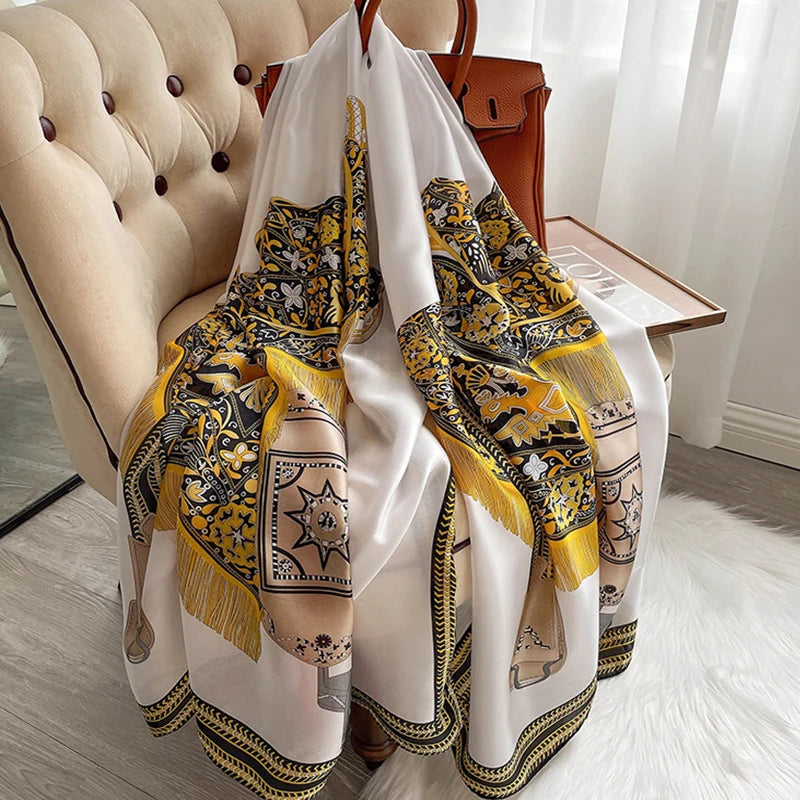 180X90CM Satin-Schals Herbst-Farbendruck-Bandana im koreanischen Stil Staubdichte Seidenschals Beliebtes Sonnenschutz-Strandtuch-Foulard