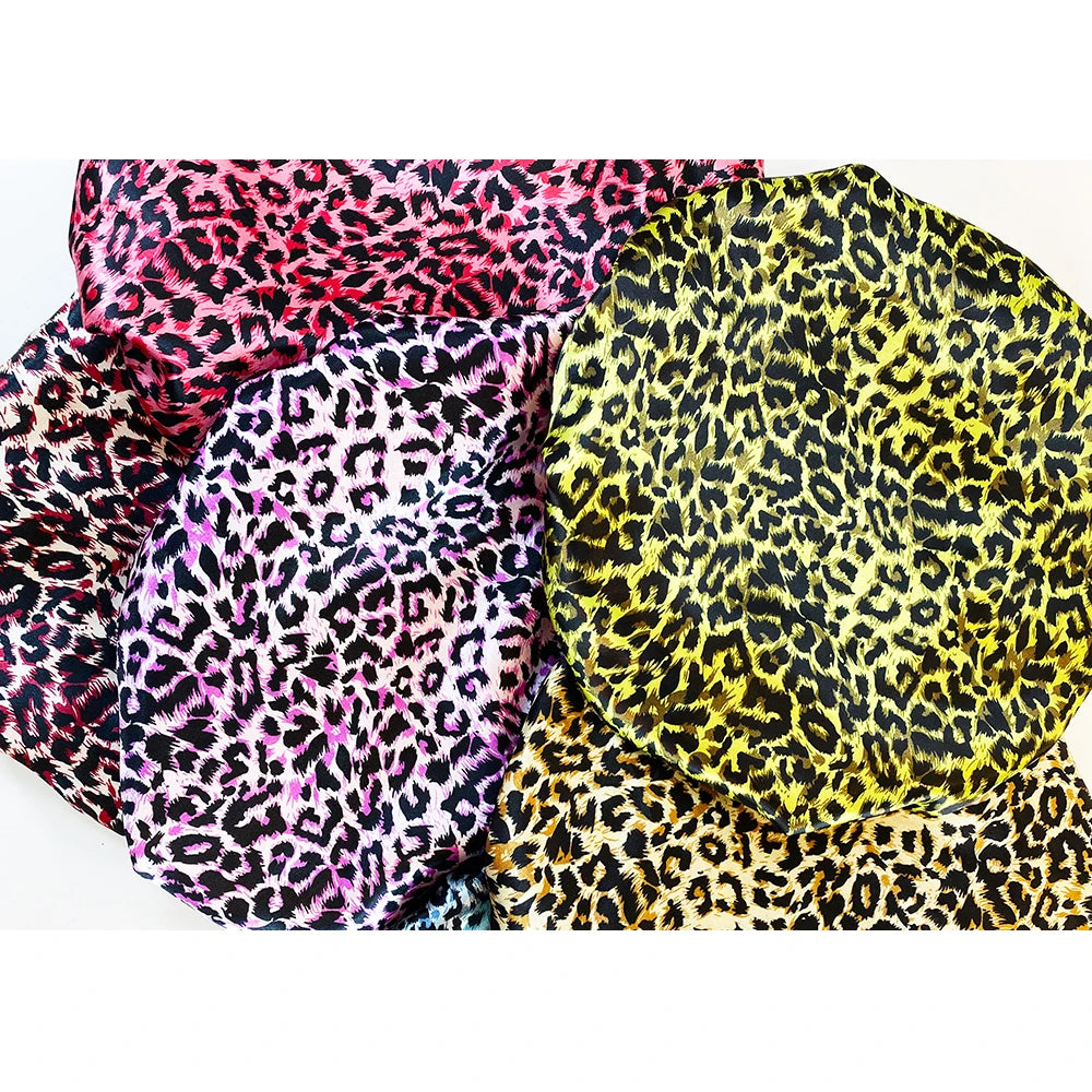 Leopard Print Satin Bonnet Cap Wide Rubber Band Nightcap Hair Care Hat