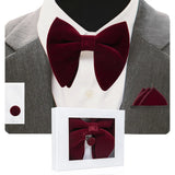 GUSLESON Velvet Big Bow Tie Men's Bowties Pocket Square Cufflinks Set with Gift Box Solid Red Yellow Necktie For Man Wedding