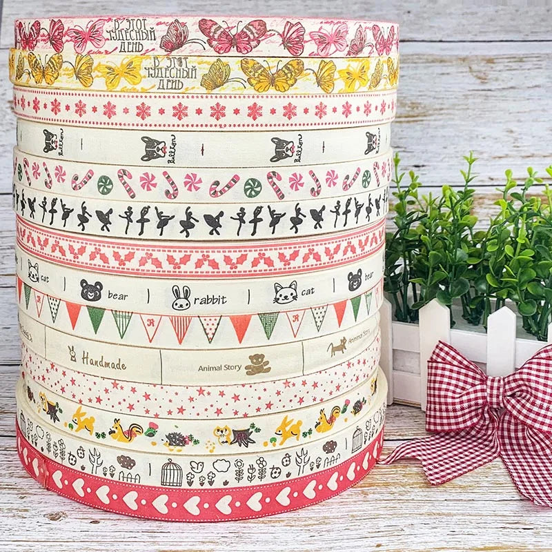 Ruban de coton imprimé floral fait main, 5 mètres, 15 mm, pour décoration de mariage, Noël, bricolage, couture