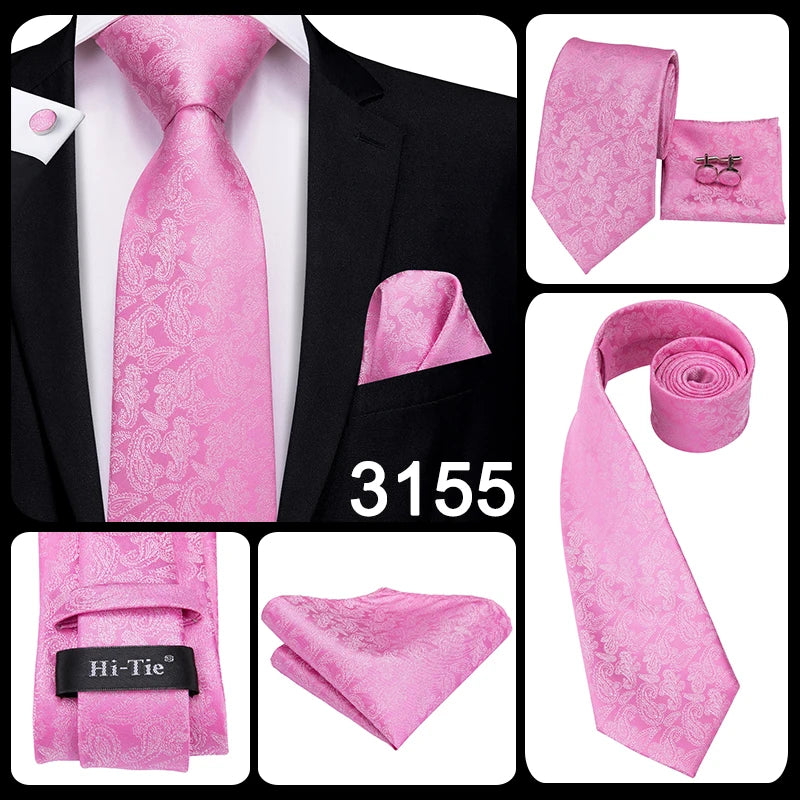 Hi-Tie 100% soie classique pour homme, cravate de mariage corail rose rouge pêche, pochette carrée, boutons de manchette, ensemble de cravates roses pour hommes, cravates cachemire unies