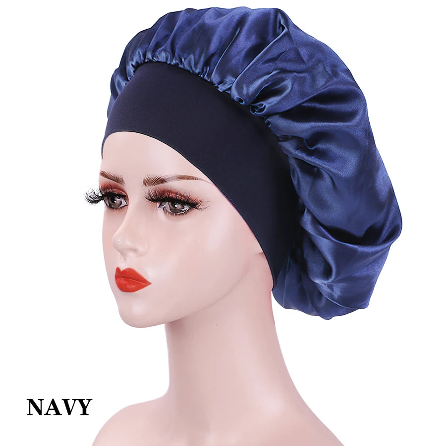 Bonnet de nuit en soie pour femme, noir, rose, violet, avec boucles naturelles bouclées, élastique large et souple, réglable