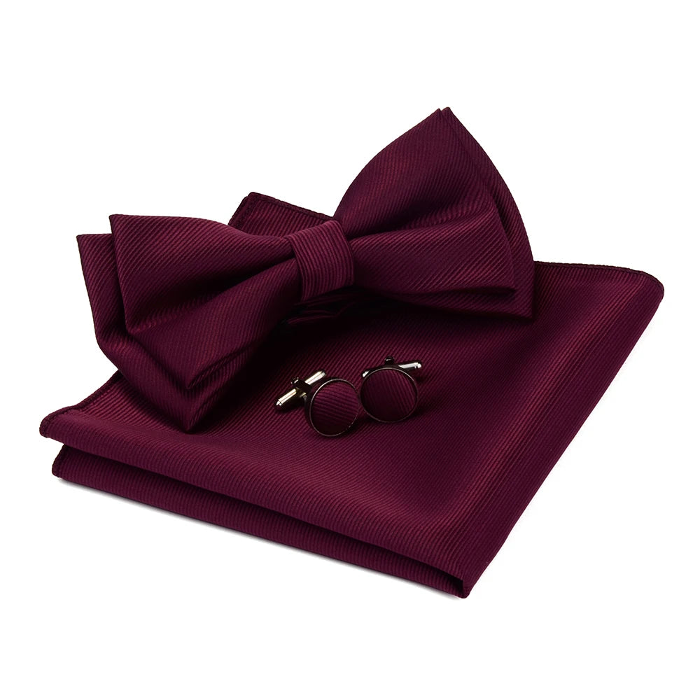 Ensemble de nœuds papillon solides de différentes tailles, haut et bas, nœud papillon uni pour homme, mouchoir, boutons de manchette, coffret cadeau pour hommes, cravates de mode de mariage