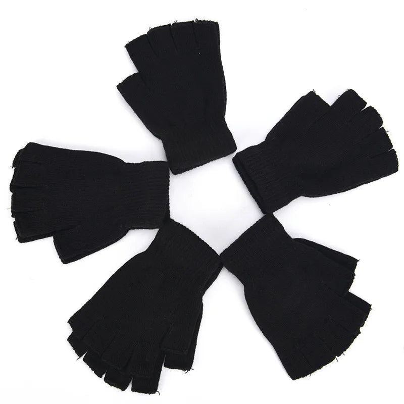 1 par de guantes de entrenamiento cálidos de invierno, de lana tejida, de algodón y con puños, negros, de medio dedo y sin dedos, para mujeres y hombres.