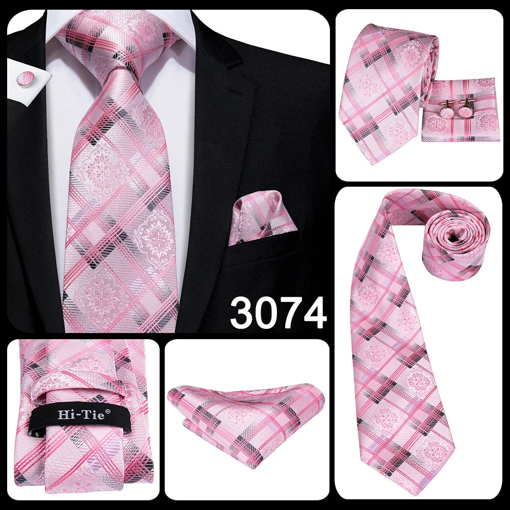 Hi-Tie 100% soie classique pour homme, cravate de mariage corail rose rouge pêche, pochette carrée, boutons de manchette, ensemble de cravates roses pour hommes, cravates cachemire unies