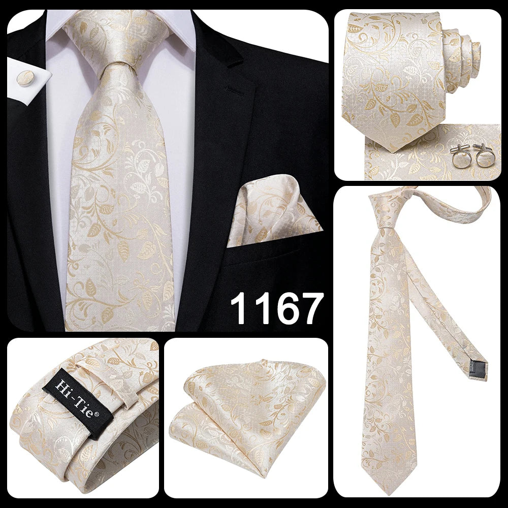 Hi-Tie Cravate de mariage en soie à motif floral, couleur champagne ivoire massif, pour homme, de qualité, avec boutons de manchette, tendance, pour entreprise, livraison directe