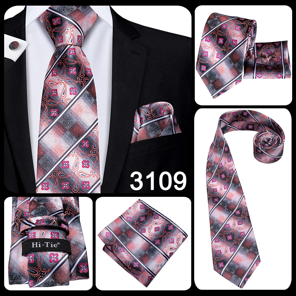 Hi-Tie 100% soie classique pour homme, cravate de mariage corail rose rouge pêche, pochette carrée, boutons de manchette, ensemble de cravates roses pour hommes, cravates cachemire unies