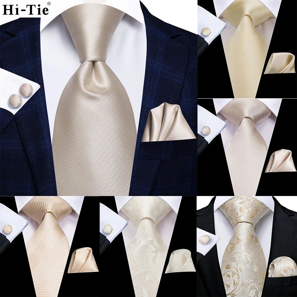 Hi-Tie Cravate de mariage en soie à motif floral, couleur champagne ivoire massif, pour homme, de qualité, avec boutons de manchette, tendance, pour entreprise, livraison directe