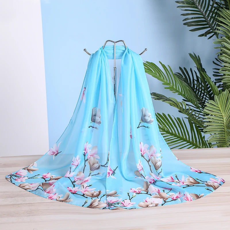 Foulard en mousseline de soie flambant neuf pour femmes, foulards en soie, châles et écharpes à fleurs fines, imprimé hijab, vente en gros, printemps été