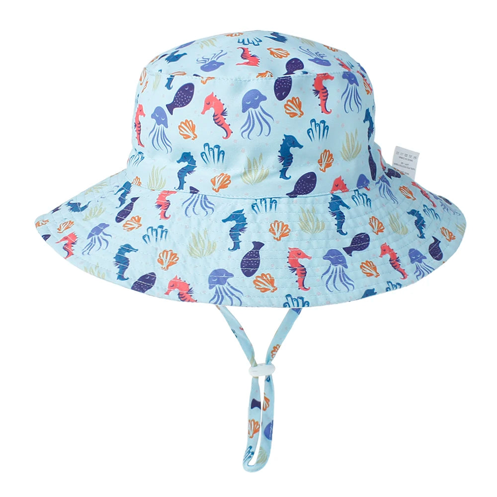 Girls Boys Outdoor Anti UV Beach Cap Summer Baby Sun Hat Swimming Hat Kids Bucket Cap with Adjustable Chin Strap 0-8 Years