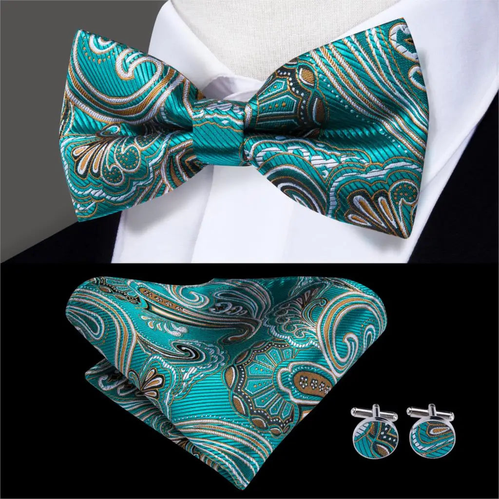 Hi-Tie Nœuds papillon verts de Noël pour hommes Cravate papillon en soie Ensemble de boutons de manchette et mouchoirs pour fête de mariage Nœud papillon uni à carreaux cachemire