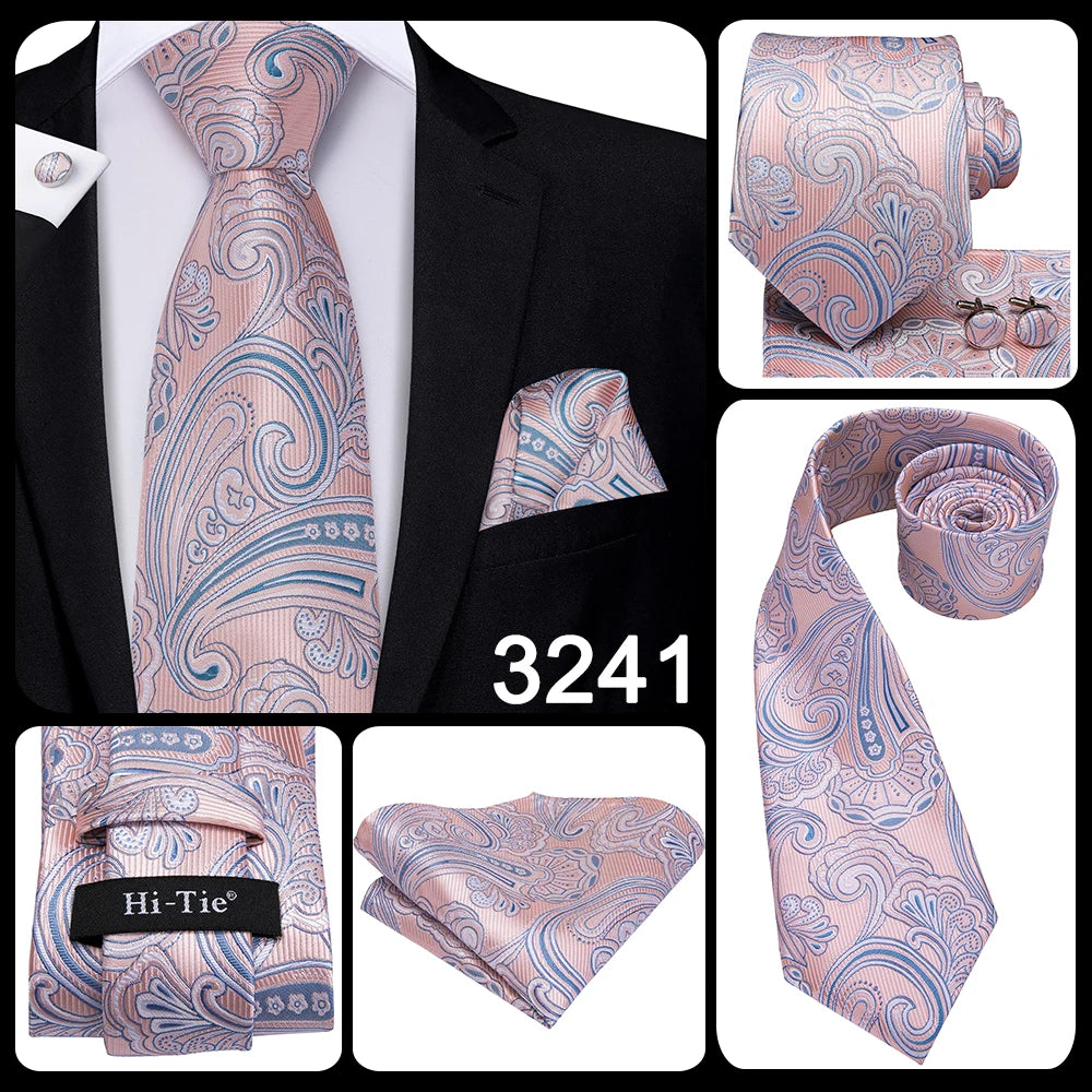 Hi-Tie 100% soie classique pour homme, cravate de mariage corail rose rouge pêche, pochette carrée, boutons de manchette, ensemble de cravates roses pour hommes, cravates cachemire unies