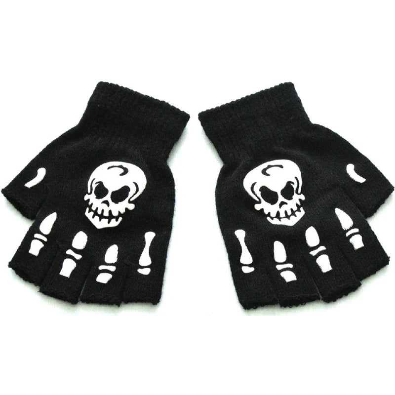 Gants unisexes demi-doigts motif tête de mort pour Halloween, pour l'hiver, mitaines lumineuses, tricotées, pour le cyclisme et le patinage à pied