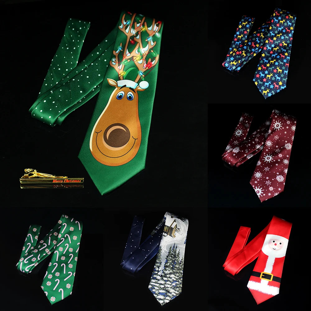 JEMYGINS Cravates de Noël pour hommes 9 cm en soie rouge de bonne qualité, ensemble de pinces à cravate imprimées pour fête, mariage, festival, cadeau