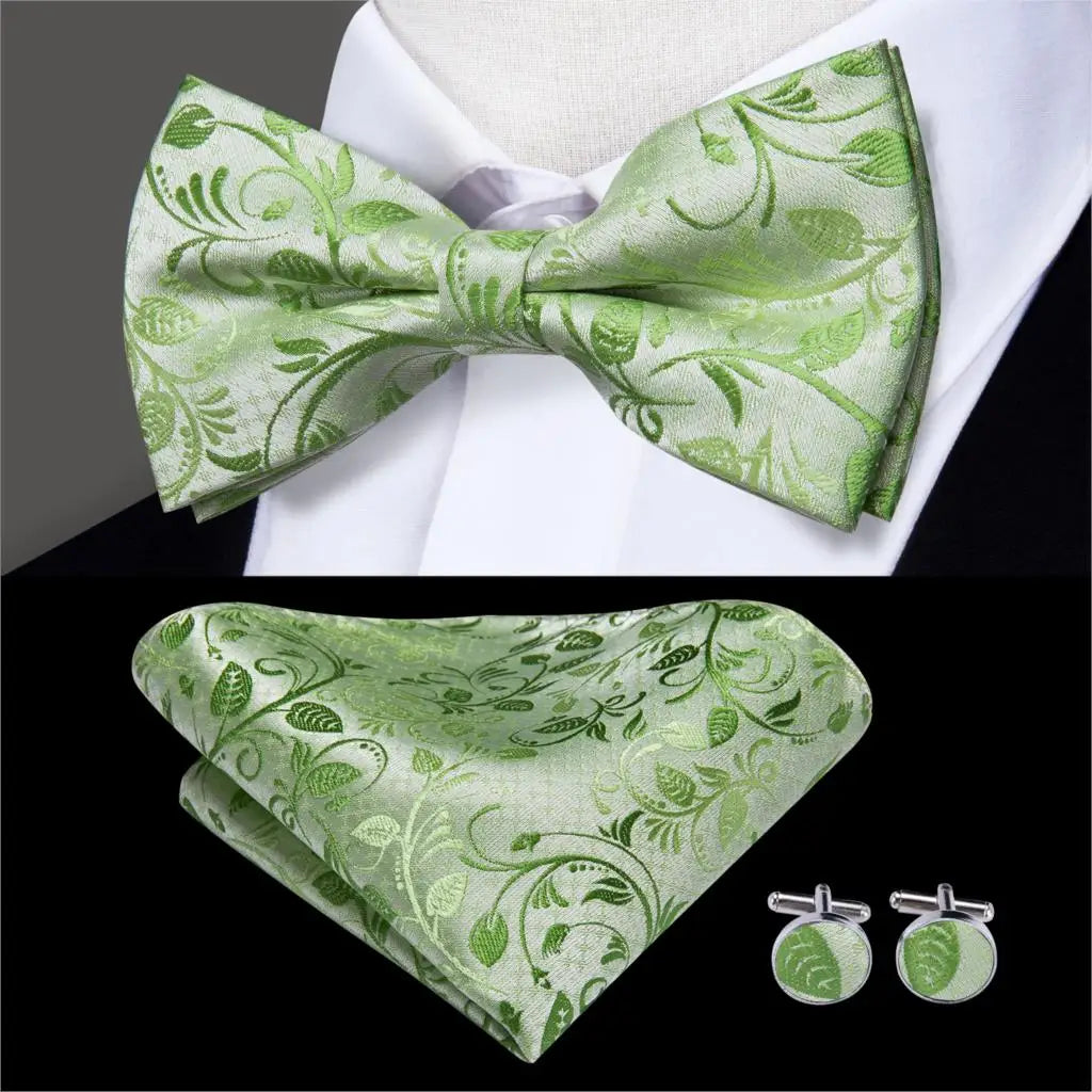 Hi-Tie Nœuds papillon verts de Noël pour hommes Cravate papillon en soie Ensemble de boutons de manchette et mouchoirs pour fête de mariage Nœud papillon uni à carreaux cachemire