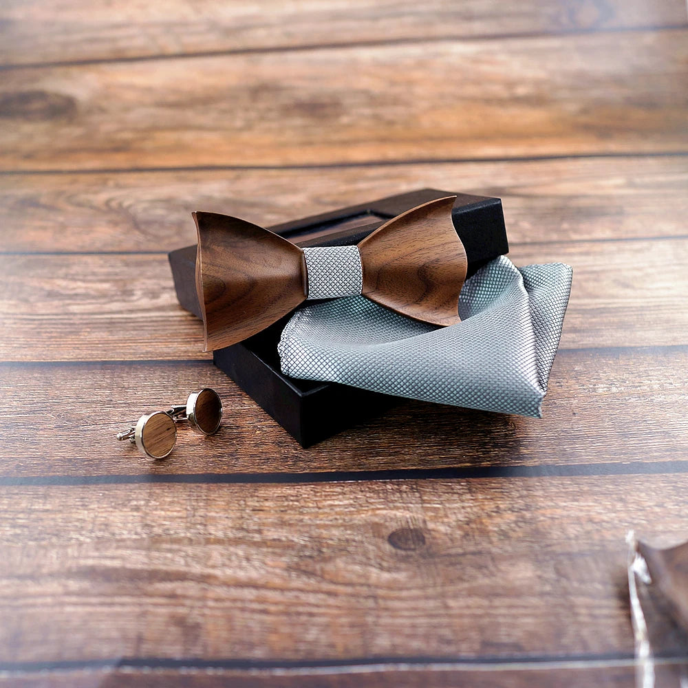 New design 3D Wooden tie Pocekt Square Cufflinks Fashion wood bow tie wedding dinne Handmade corbata Wooden Ties Gravata set