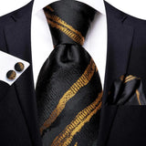 Cravate élégante pour homme, motif cachemire, rayures noires et dorées, en soie, pour mariage, mouchoir, boutons de manchette, pour entreprise, fête, livraison directe