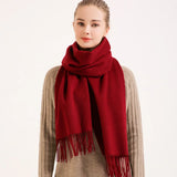 Winter 100% Pure Wool Scarf Women Solid Red Echarpe Wraps for Ladies Foulard Femme with Tassel Warm Merino Wool Scarves Cashmere